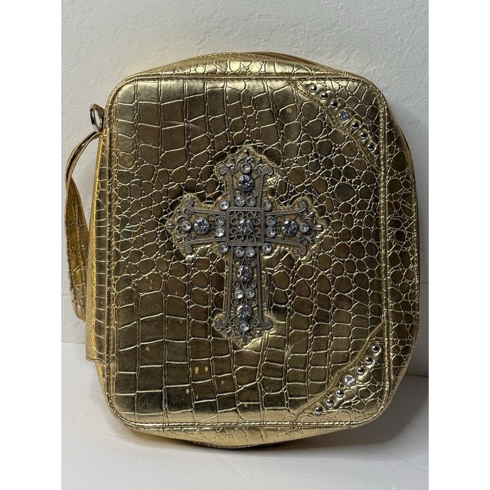 Montana West Bible Bag Gold Faux Diamonds Cross Spiritual Faith Church Study Zip